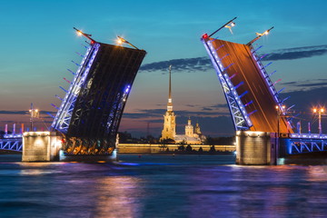 Fototapeta na wymiar Drawn Palace Bridge and Peter and Paul Fortress at white night, Saint Petersburg, Russia