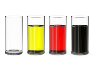 Set glass glasses with drinks, 3D rendering