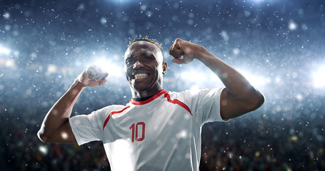 Soccer player celebrates a victory on the professional stadium while it’s snowing.
