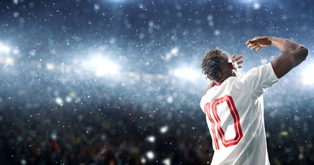 Soccer player celebrates a victory on the professional stadium while it’s snowing.