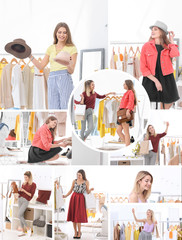 Set with young women shopping in store