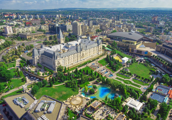 Iasi city view of Culture Palace. Aerial scene, Romania - obrazy, fototapety, plakaty