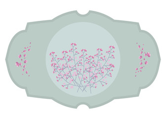 wooden panel of a shebbie-chic light blue board with a small pattern of pink twigs of flowers isolated on a white background