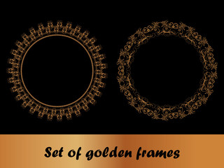 Set of round gold frames on a black background.