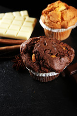Chocolate muffin and nut muffin, homemade bakery on dark background.