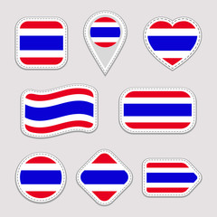 Thailand flag vector set. Thai national flags stickers collection. Vector isolated geometric icons. Web, sports pages, patriotic, travel, tourism, geographic design elements. Different shapes