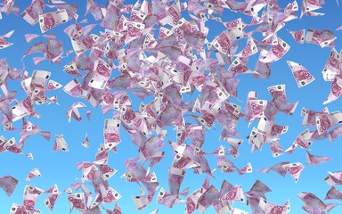 Flying euro banknotes against the sky background. Money is flying in the air. 500 EURO in color. 3D illustration