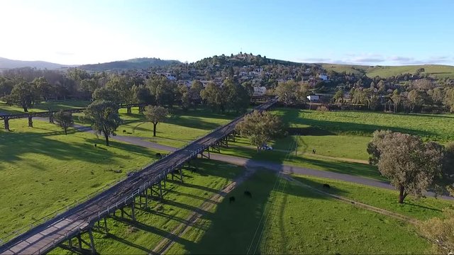 aerial footage of floodplain and historic bridges at Gundagai, NSW
