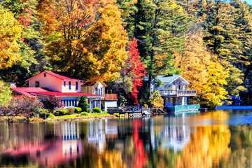 autumn, colorful, reflection., trees, water, houses, woods, lake, fall