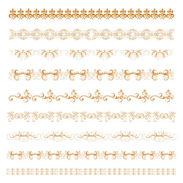 set of ornamental borders of gold color. Vector