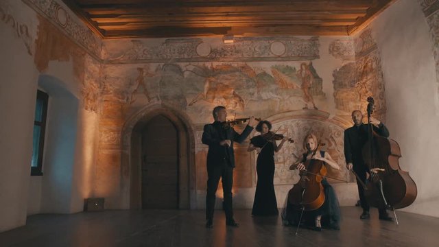 A string quartet in a medieval style room begin to play a musical piece