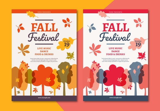 Fall Festival Flyer Layout with Autumn-Themed Illustrations