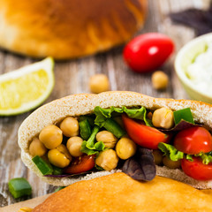 Veggie Pitas with Garbanzo Bean or Chickpea Salad. Selective focus.