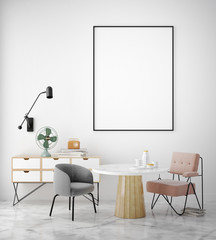 mock up poster frame in hipster interior background, Scandinavian style, 3D render, 3D illustration