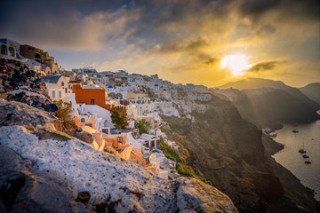 Santorini island, viewpoint from Oia village, Santorini, Greece at sunrise 