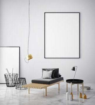 mock up poster frame in hipster interior background, Scandinavian style, 3D render, 3D illustration