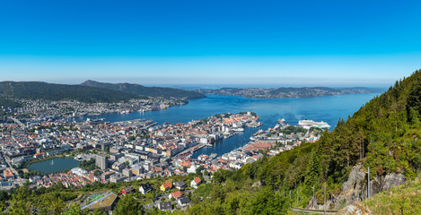 Panoramic shot from Mount Floyen ( Floibannen ) in the Norwegian city of Bergen. Hordaland, Norway, Europe.