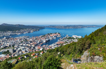 Naklejka na ściany i meble Landscape from Mount Floyen ( Floibanen ) in the Norwegian city of Bergen. Hordaland, Norway, Europe.