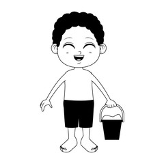 Cute boy with sand bucket and spatula toys vector illustration graphic design