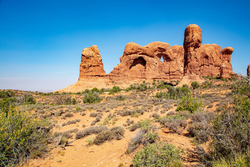The Double Arch formation along The Windows Trail in Arches National Park