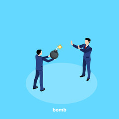 a man in a business suit wants to give a bomb with a burning wick to another person, an isometric image