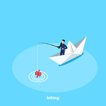 a man in a business suit stands with a fishing rod in a paper boat, an isometric image