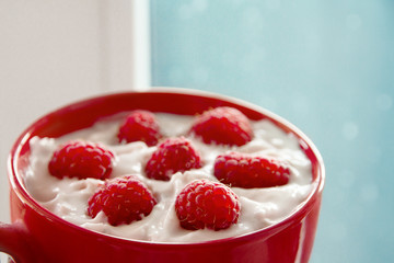 Cup of yogurt and raspberries