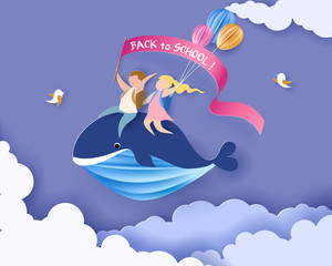 Back to school 1 september card with kids sitting on whale flying in sky background. Vector illustration. Paper cut and craft style.