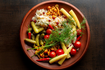 Mix of different snacks and appetizer. Marinated snacks.