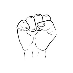 raised hand showing a fist, a symbol of strength and superiority, success, struggle for its dip, sketch black and white illustration, vector