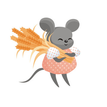 Cute little mouse holding ears of wheat. Vector illustration in cartoon style isolated on a white background.