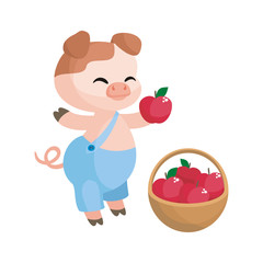 Cute pig with apples in cartoon style. Vector illustration isolated on a white background.