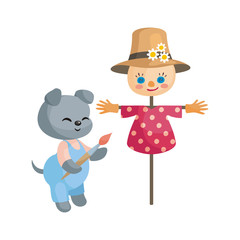 Fototapeta premium Cute puppy paints a scarecrow. Vector illustration in cartoon style isolated on a white background.