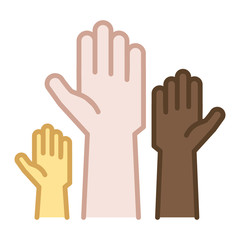 Obraz premium Hands of different skin colors raised up. Vector thin line icon illustration. Volunteering, charity, humanitarian resources, international partnership and teamwork, raising awareness, social issues