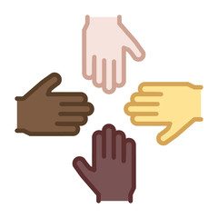 4 Hands of different ethnic backgrounds and skin colors teaming up. Vector filled outline icon illustration. Multiethnic international partnership, unity, organization, business. Equality of rights