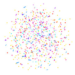Colored falling geometric glitters on white. Geometrical background with confetti. Pattern for design. Print for polygraphy, posters, banners and textiles. Greeting cards. Bright explosion
