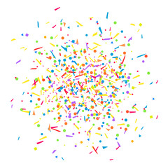 Multicolored confetti on white. Geometrical background with glitters. Pattern for design. Print for flayers, posters, banners and textiles. Greeting cards. Luxury texture