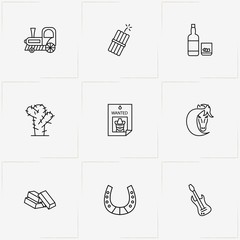 Wild West line icon set with train, horseshoe     and gold bars