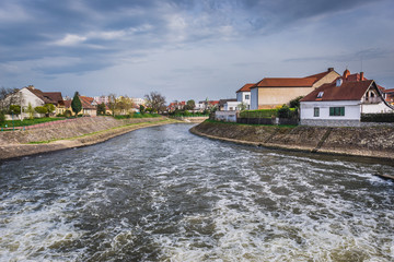 Fototapeta na wymiar Morava River in Veseli nad Moravou, small town in historical Moravia region, Czech Republic