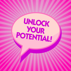 Text sign showing Unlock Your Potential. Conceptual photo improve self awareness Skills to Achieve more Purple speech bubble message reminder rays shadow important intention.