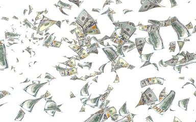 Flying dollars banknotes isolated on a white background. Money is flying in the air. 100 US banknotes new sample. 3D illustration