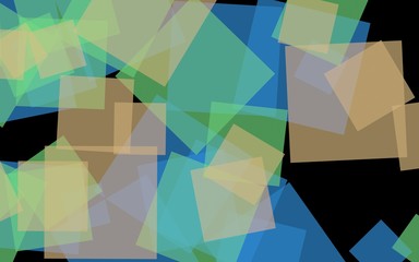 Multicolored translucent squares on dark background. Green tones. 3D illustration