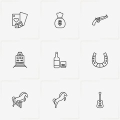 Wild West line icon set with money bag, drink bottle with glass and train