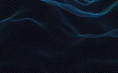 Abstract landscape on a dark background. Cyberspace blue grid. Hi-tech network. 3D illustration