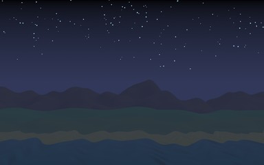 Obraz premium Starry moonless sky. Ocean shore line with waves on a beach. Island beach paradise with waves. Vacation, summer, relaxation. Seascape, seashore. Minimalist landscape, primitivism. 3D illustration