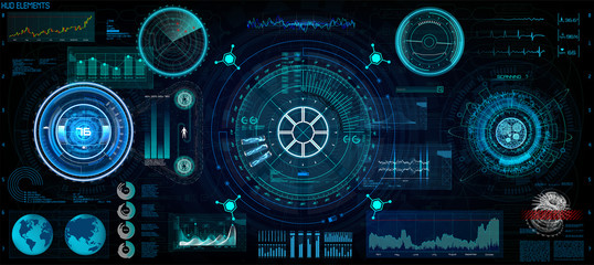 Futuristic concept HUD, GUI style. Screen ( Dashboard, Futuristic Circle, Space Elements, Infographics) Vector Elements Set for HUD Sci Fi Interfaces. Hi tech future design. Sky fi for VR and App.