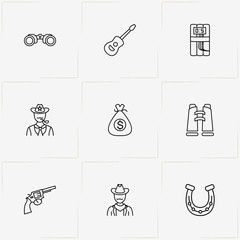 Wild West line icon set with binocular, guitar  and money bag