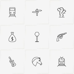 Wild West line icon set with revolver, cactus and train
