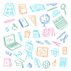 Vector back to school doodle elements set. Study and learning objects. Book, notebook, bag, ball, chalkboard illustration