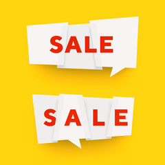 Vector paper cut banner. Origami speech bubble with SALE label. Trendy transparent material design style.